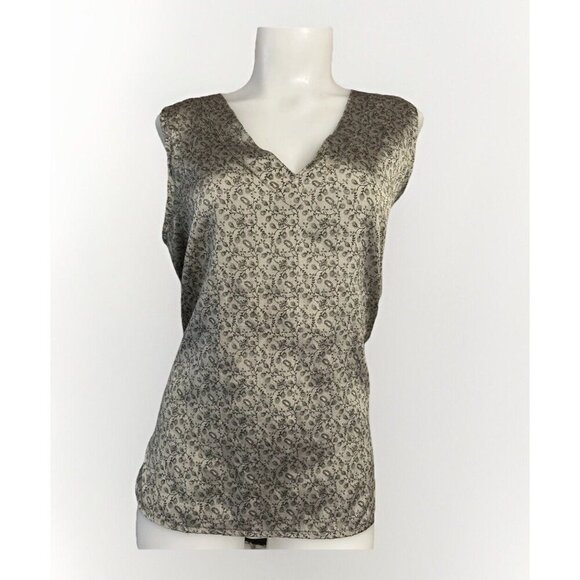 100% Tops - 100% Silk Made In Nepal Women’s Silver W Black Floral Blouse Sleeveless XL